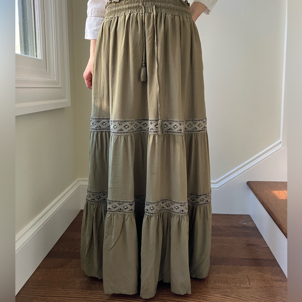 Scarlet Darkness Tiered Maxi Skirt Flowy Peasant Boho Cottagecore Prairie Lace L